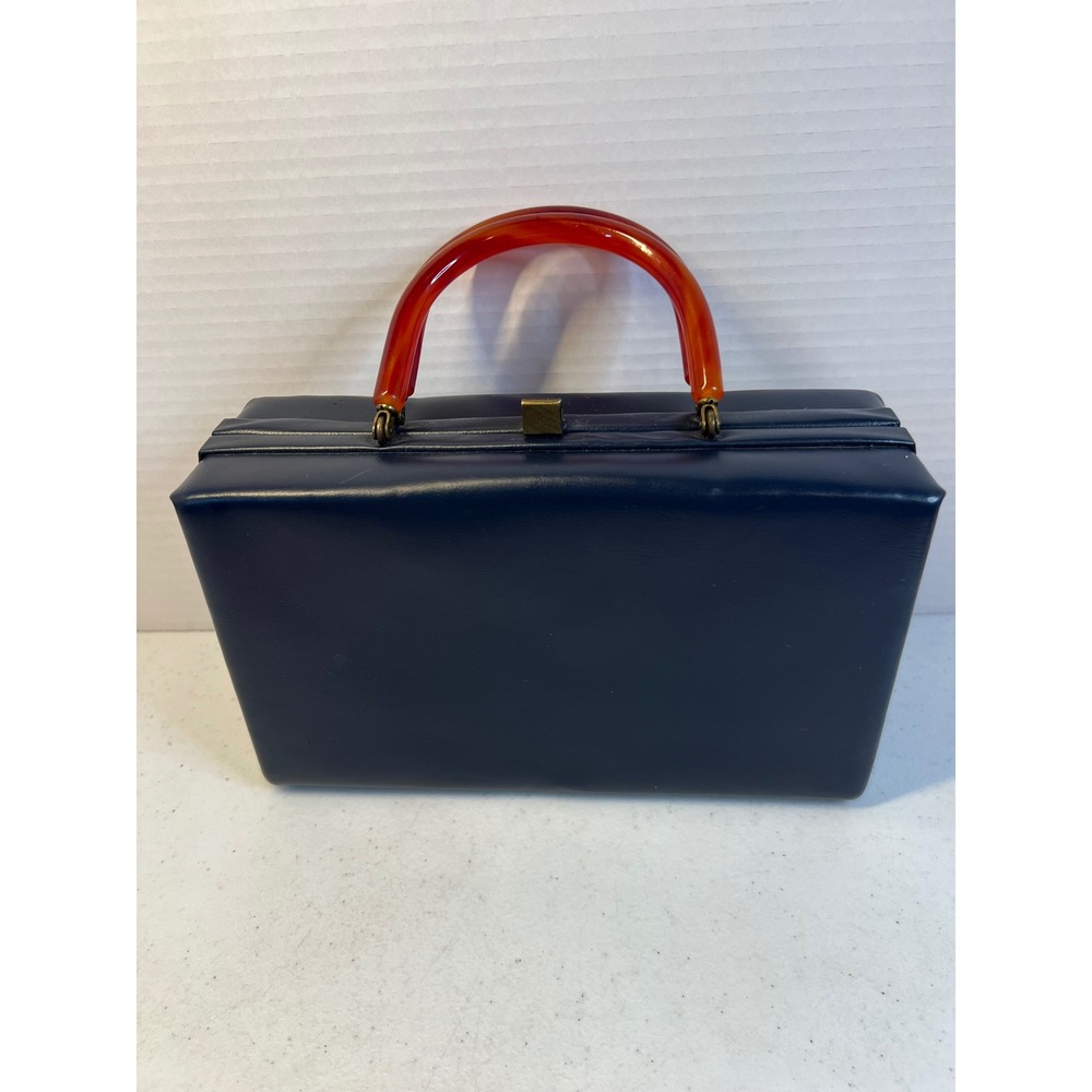 Vintage Navy Blue Box Frame Handbag Amber Lucite Handles Mid Century Modern